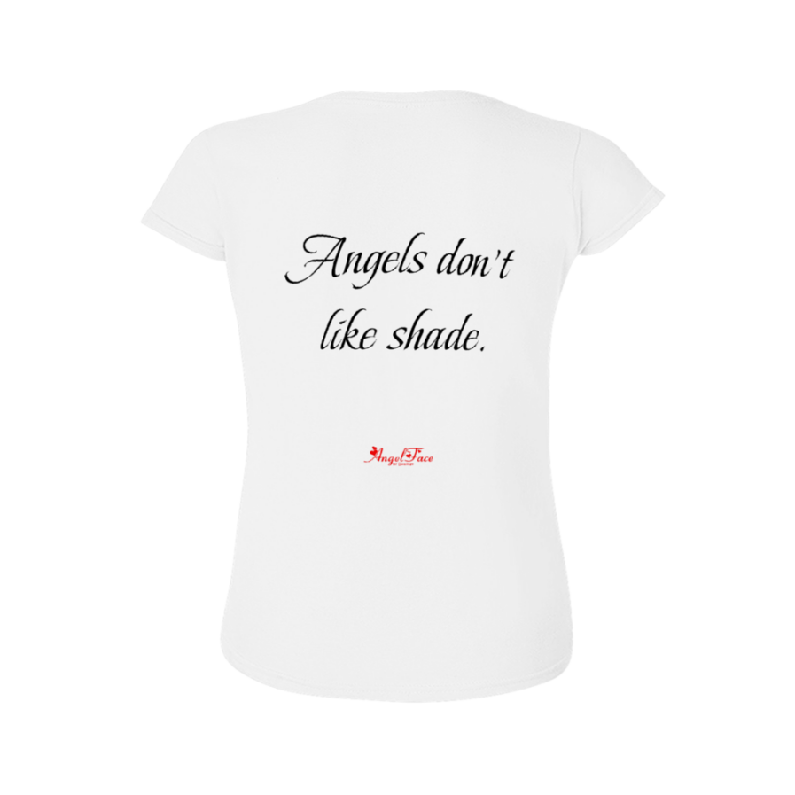 Domingo Angel Face Women’s T-shirt w text: Angels Don't Like Shade - Image 2
