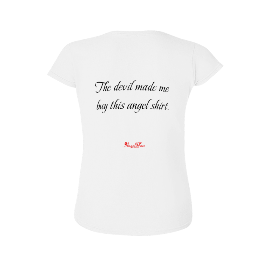 Domingo Angel Face Women’s T-shirt w text: The Devil Made Me Buy This Angel Shirt - Image 2